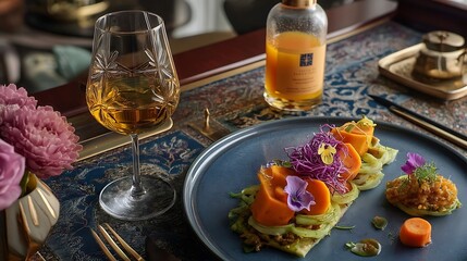 the image features a decorative dining arrangement on an ornate surface