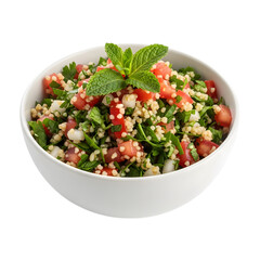 A fresh and healthy bowl of traditional Lebanese Tabbouleh parsley and bulgur salad on isolated transparent background, a classic meze dish.