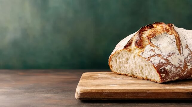 A crusty loaf of freshly baked bread sits on a wooden board, representing comfort and warmth in culinary arts, perfect for food styling and bakery imagery.