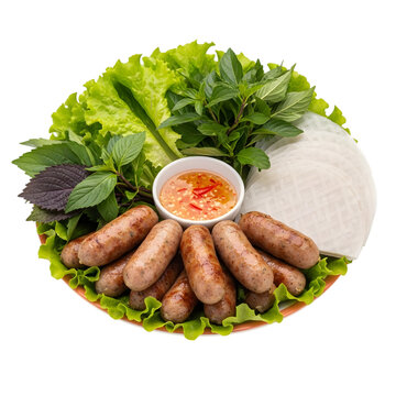 A platter of Vietnamese grilled pork sausage, Nem Nướng, with fresh herbs for wrapping on isolated transparent background, a fun, interactive meal.