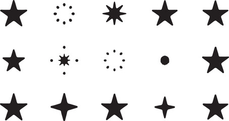 A collection of black star vector icons, perfect for Christmas, holiday, or general decoration designs