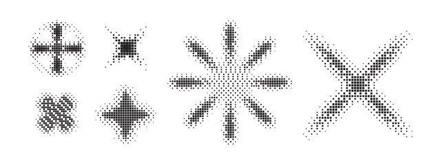 Set of diverse black abstract halftone pixel symbols and icons for user interface and graphic design isolated on white background, vector illustration