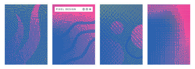 Set of abstract pixel art backgrounds with colorful mosaic patterns and gradient effects for social media stories and digital design vector illustration