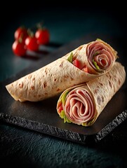 the image displays two appetizing wraps stacked on a textured, dark gray surface