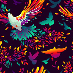 The colorful bird of peace, the dove Seamless pattern for fabric. hand drawing. Not AI. Vector illustration.
