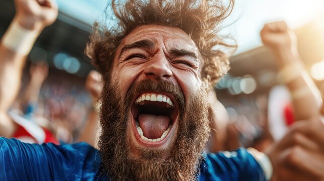 A passionate fan with wild hair is joyfully celebrating during a sports event, capturing the intensity of emotions and the thrill of victory in a vibrant atmosphere.