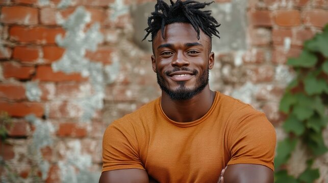 A charming young man poses confidently against a rustic brick wall, showcasing a warm smile that radiates authenticity and approachability in a vibrant outdoor setting.