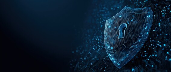 Cybersecurity background with a lock and shield, a technology concept banner design Cybersecurity on a dark blue digital backdrop Big data cybersecurity Generative AI