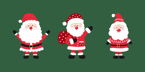 Three cute Santa Claus characters in red suits with white beards. Christmas holiday, funny vector illustration.