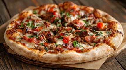 A mouthwatering gourmet pizza topped with a variety of ingredients sits on a rustic wooden surface, appealing to food lovers and representing shared meals and culinary artistry.