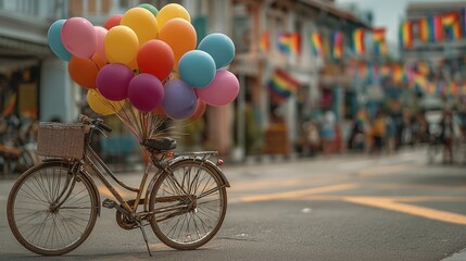 Colorful balloons on bicycle at lively urban pride parade celebration