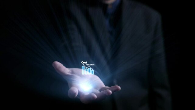 A businessman showcases a digital visualization of cost reduction strategies, featuring graphs and icons that symbolize analytics, finance, and efficiency improvement ideas. Qubit