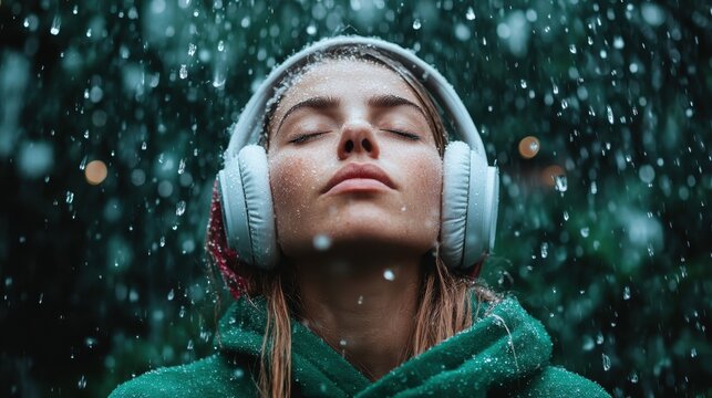 A serene woman with closed eyes listens to music under gentle rain, capturing the soothing blend of nature and sound that resonates deeply with human emotions and tranquility.