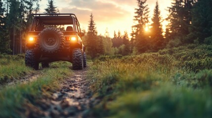 This stunning image captures a rugged vehicle from behind, illuminated by soft sunset light, as it rests on a dirt path, emphasizing adventure and the beauty of nature.