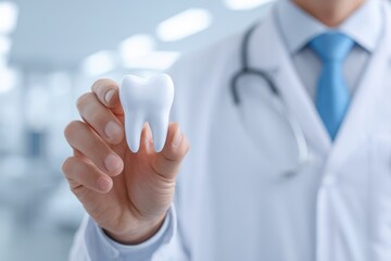 Obraz premium dentist in white coat with tooth in hand closeup