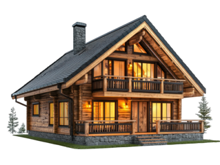 Cozy log house, dark roof, warmly lit windows, evening