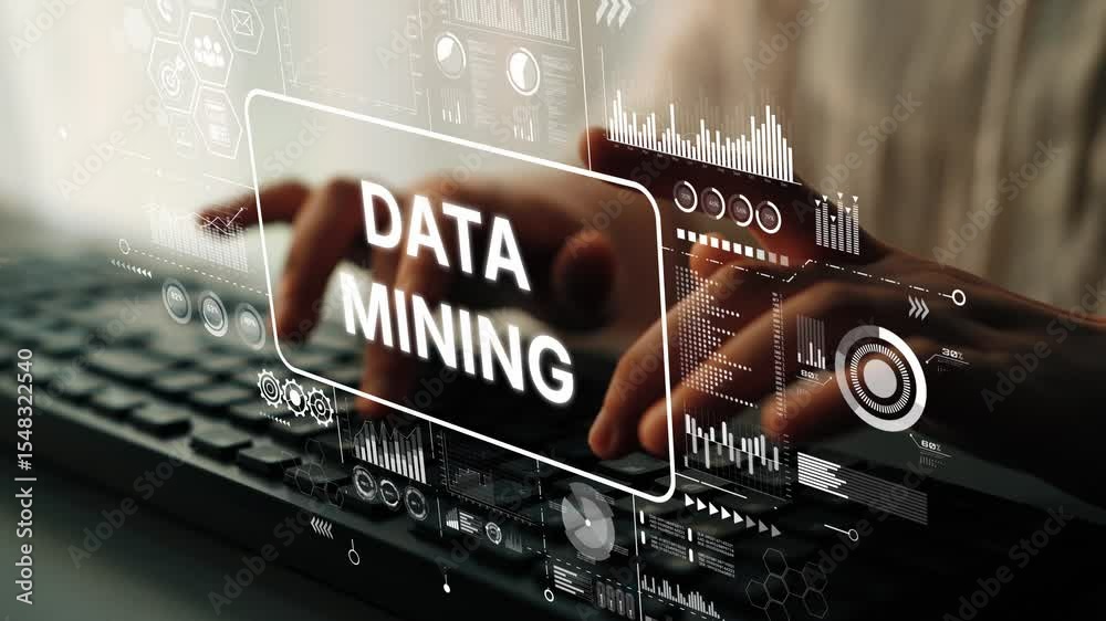 Poster hands typing on keyboard with data mining text and digital graphic elements in modern workspace envi