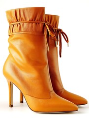 the image presents a pair of stylish, tall boots against a stark white backdrop. the boots are crafted in a warm, orange toned material with a pointed toe design