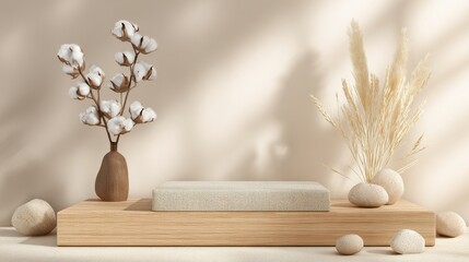 Premium image of eco-friendly organic podium background, soft linen and wooden textures, natural minimalist composition, bright and fresh aesthetic.