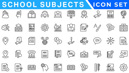  Outline icons related to school subjects. Linear icon collection. Editable stroke. Vector illustration