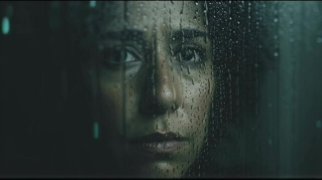 Woman behind rainy window, dramatic portrait. Melancholy and sadness concept. Cinematic shot of female face through wet glass. Moody atmosphere for film or book cover.
