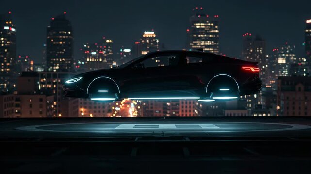 Hovering car with neon lights above urban skyline at night  