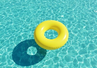 Bright yellow inflatable ring floating in a clear blue swimming pool on a sunny summer day vacation concept