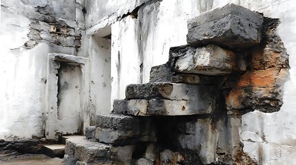 the image showcases an aged and partially ruined building interior. a set of stairs, constructed from dark, weathered materials, is positioned against a white wall