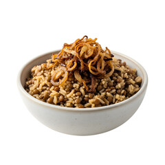 A rustic bowl of traditional Lebanese Mujadara, a lentil and rice dish, on isolated transparent background, a classic and healthy comfort food.