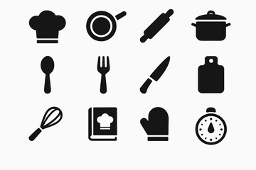 Black vector cooking icons featuring kitchen utensils, appliances, and culinary tools in a minimal style.