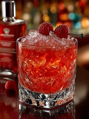 the image features a cocktail served in an elaborately cut glass. the drink is a vibrant red color and filled with crushed ice, topped with two fresh raspberries on a metal pick