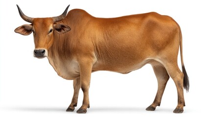 A reddish-brown ox in profile