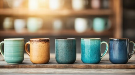 A charming array of five colorful ceramic mugs neatly arranged on a wooden surface, evoking feelings of warmth, comfort, and the joy of shared moments over coffee.