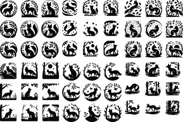 Forest Fox Icon Silhouette – Nature Animal Vector Pack Fox in Forest Silhouette Set – Wildlife Icon Collection