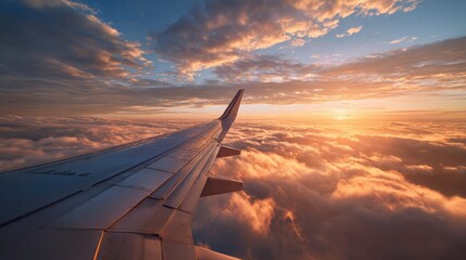 Obraz premium Golden hour glow illuminating the airplane wing and thin clouds drifting below