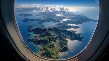 Island chains and blue waters far below viewed through a circular airplane window