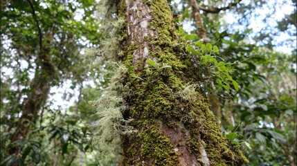 Jungle tree trunk with hanging moss and patches of smoothed bark from monkey activity