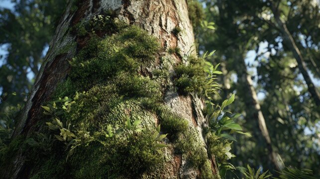 Jungle tree trunk with hanging moss and patches of smoothed bark from monkey activity