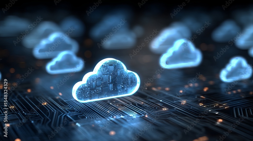 Poster abstract digital cloud computing network technology futuristic glowing blue circuit board data serve
