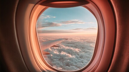 Fototapeta premium Panoramic sky through airplane window showing wide view of glowing evening clouds