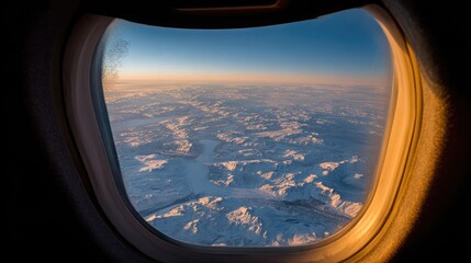 Fototapeta premium Snowy terrain and frozen lakes seen from above through a clear airplane window