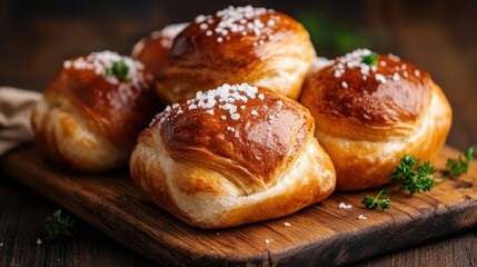 A tempting display of freshly baked pastries topped with coarse salt sits on a rustic wooden board, inviting viewers to indulge in their warm and flaky goodness.