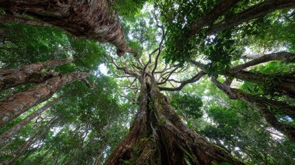 Vertical view of a tall jungle tree with vines and branches positioned for climbing wildlife