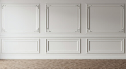 Room interior with white classic wall panel and wooden floor. Light background with luxury elegant molding frames. Realistic 3d vector illustration of home or office design with moulding and parquet