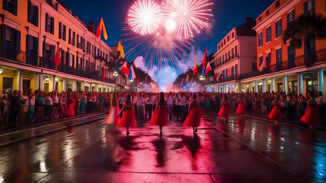 Colorful Parade with Flags and Fireworks on Night Street Celebration in Urban Plaza