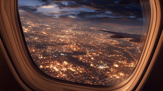 View of city lights glowing below as the sun sets, seen through a plane window