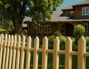 Obraz premium wooden fence at ouside of the house, a welcoming home with a beautiful new wooden fence surrounding the house on a bright and sunny day. The exterior of your home and wood fence in all its glory