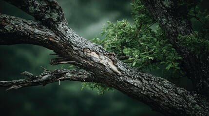Wild tree leaning to one side with scratch grooves and broken bark patterns from climbers