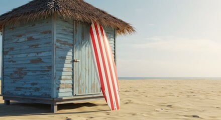 A red-and-white striped surfboard leaning against a weathered beach hut