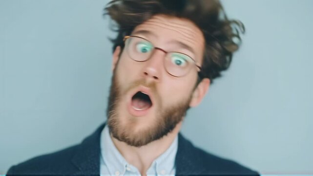 Caucasian man with messy hair and glasses expressing shock. Surprise reaction video on blue background. Emotional portrait for social media content or meme concept.